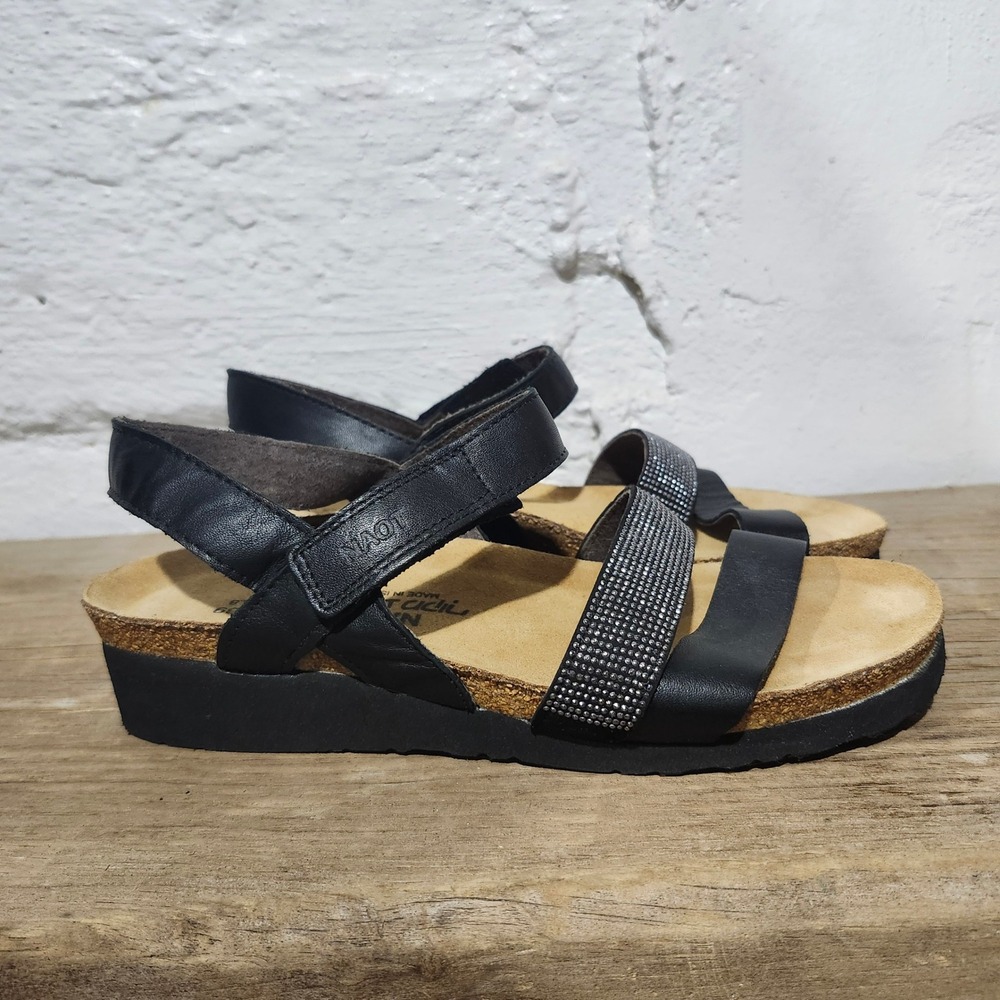 Naot Black Leather Rhinestone Wedge Sandals EU 39 US 8 Made in Israel Comfort
